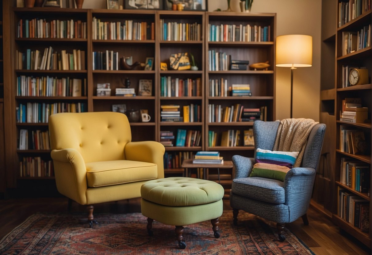 Colorful bookshelves filled with books, a cozy reading nook with cushions, and a playful book cart with wheels