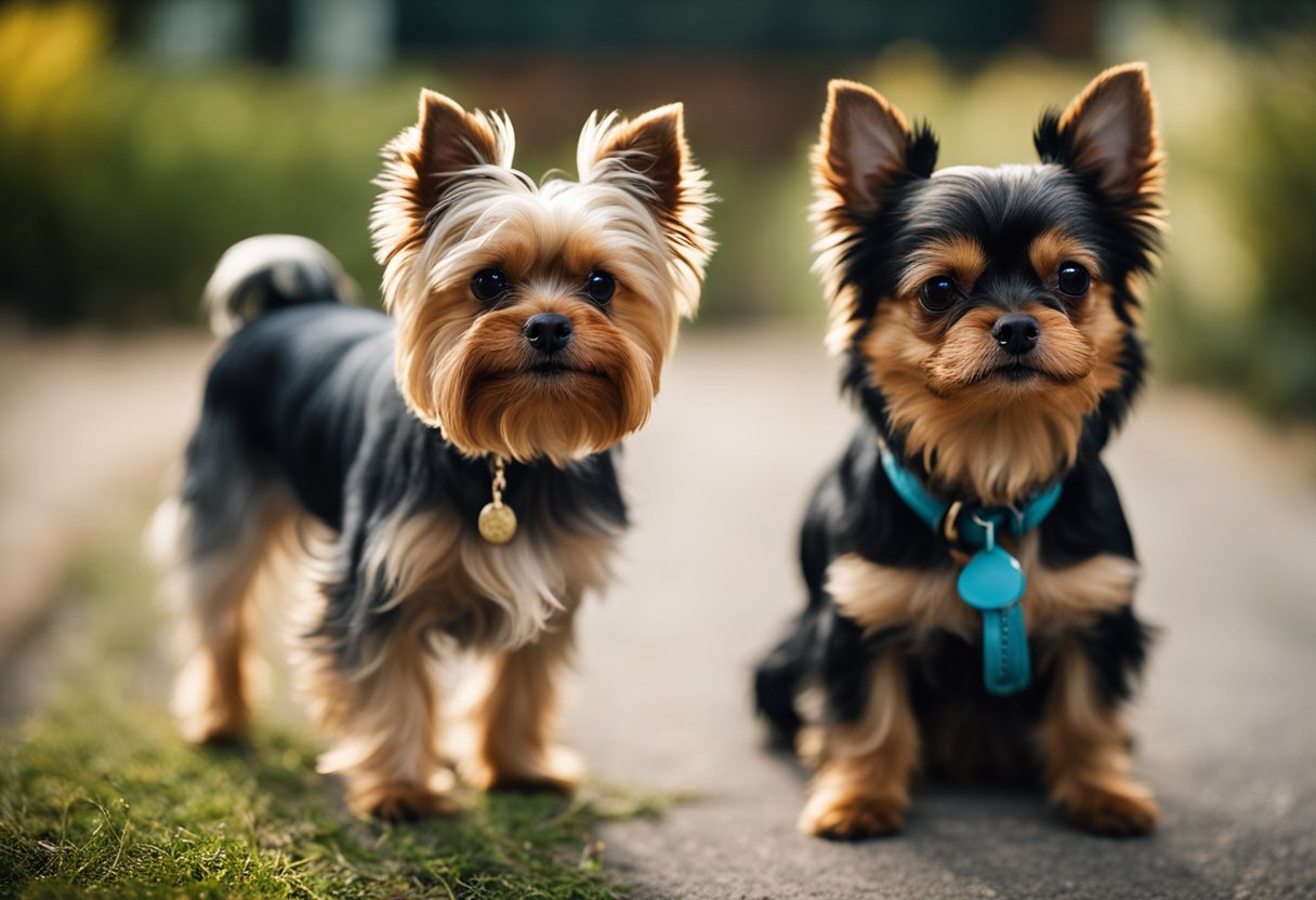 A Yorkshire terrier stands confidently, while a chihuahua appears alert and feisty, showcasing their contrasting personalities and temperaments