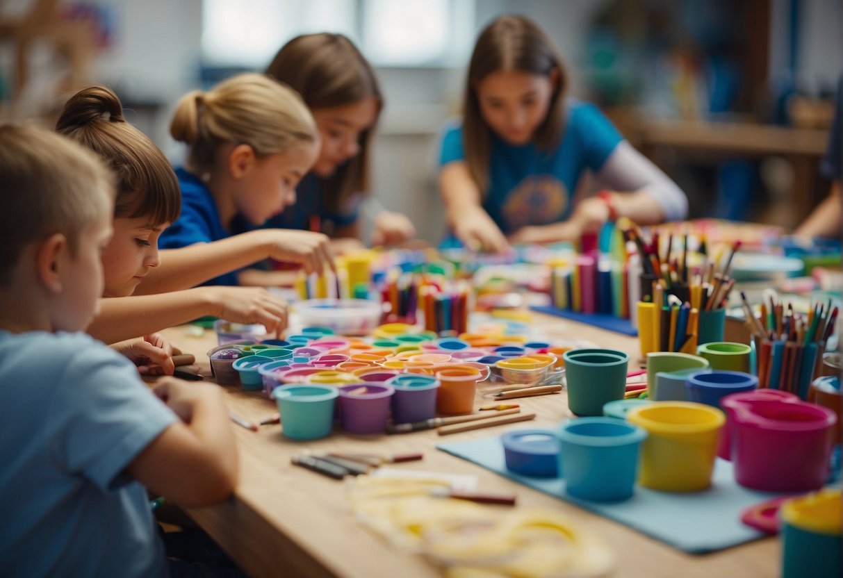 A group of kids working on creative projects, surrounded by colorful art supplies and materials. Tables are filled with drawings, paintings, and sculptures in progress