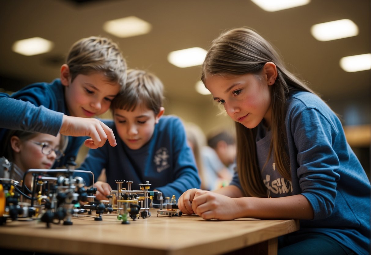 A group of 8-12 year olds engage in interactive learning activities, exploring STEM concepts and creative expression in a vibrant, collaborative environment