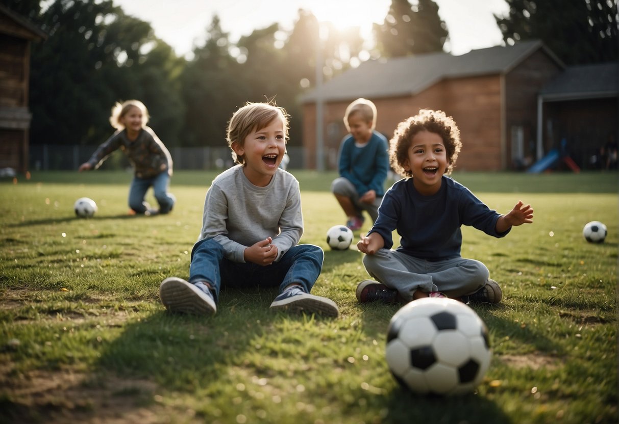 Children playing soccer outdoors while others build a fort indoors with blankets and pillows. Laughter and excitement fill the air
