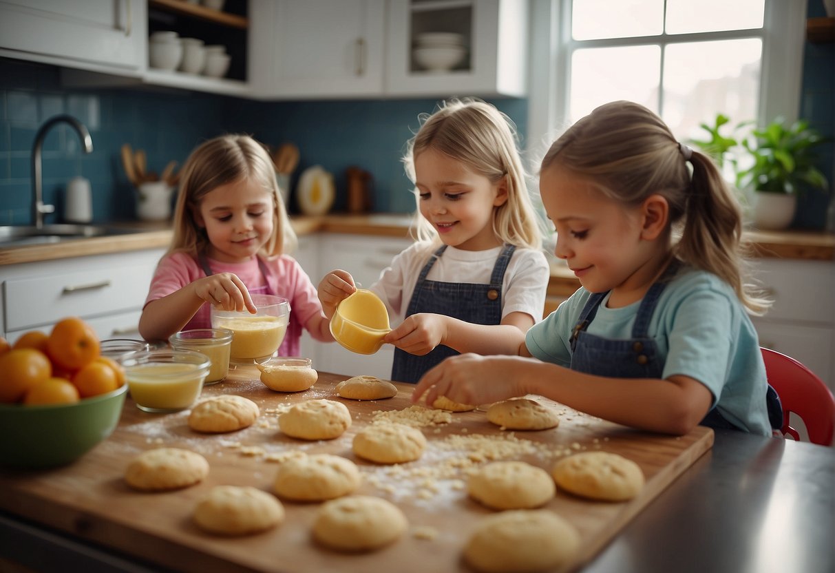 Children mixing ingredients, rolling dough, and decorating cookies in a colorful kitchen setting. Ingredients and utensils scattered on the counter