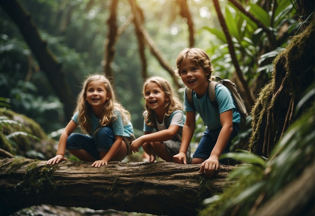 A group of kids explore a jungle, crossing a rickety bridge and discovering hidden treasures. They laugh and play, their excitement evident as they uncover ancient artifacts and exotic wildlife