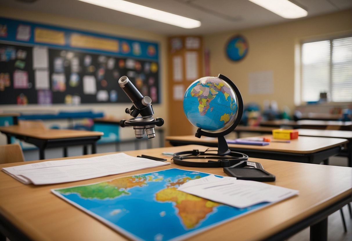 A colorful classroom with desks, books, art supplies, and educational posters. A whiteboard displays a math problem, while a globe and microscope sit on a nearby table