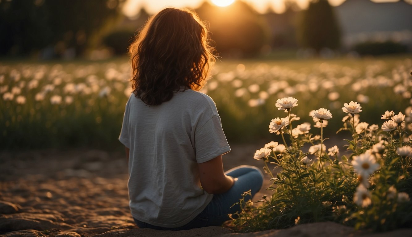 A solitary figure gazes at a blooming flower, symbolizing self-reflection and personal growth. The warm glow of the setting sun adds a sense of hope and optimism for finding love