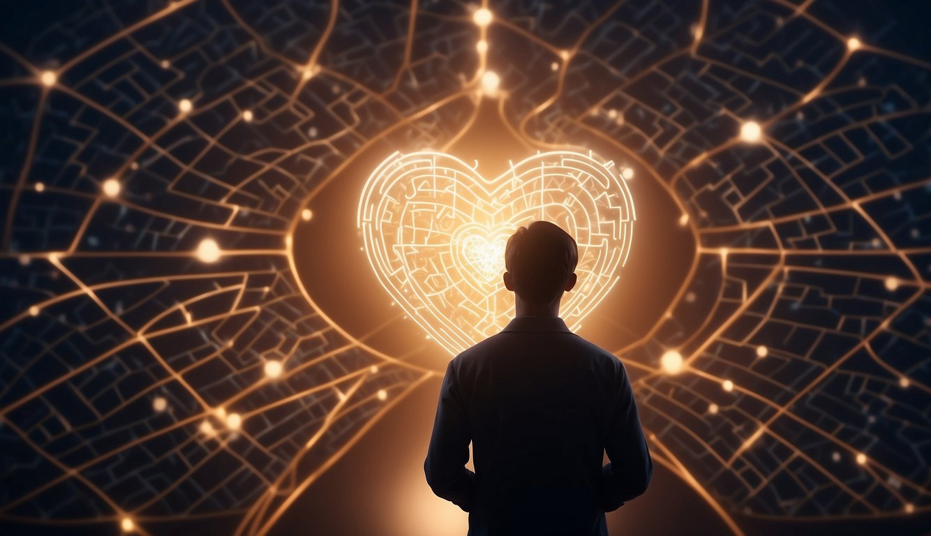 A person holding a heart-shaped map, surrounded by a maze of tangled paths leading to different heart symbols, with a bright beacon of hope shining in the distance