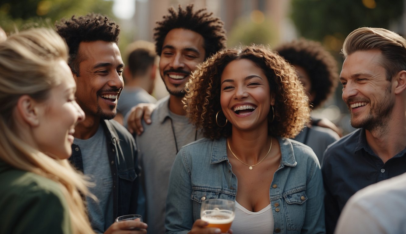 A diverse group of people engage in positive interactions, laughing and sharing experiences. A sense of connection and hope for finding love is evident