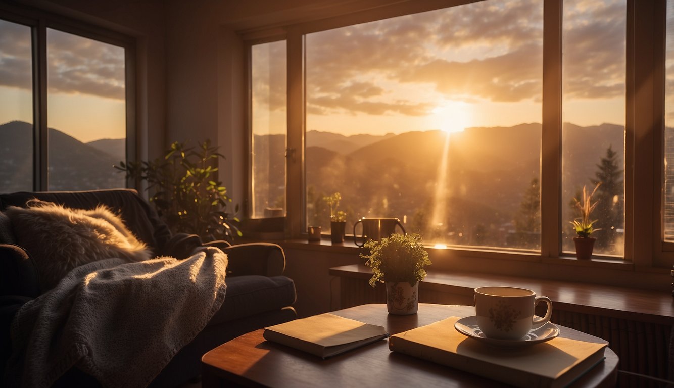A cozy living room with a warm fireplace, a comfortable armchair, and a bookshelf filled with inspiring books. A cup of tea and a journal sit on the table, with a window showing a beautiful sunset