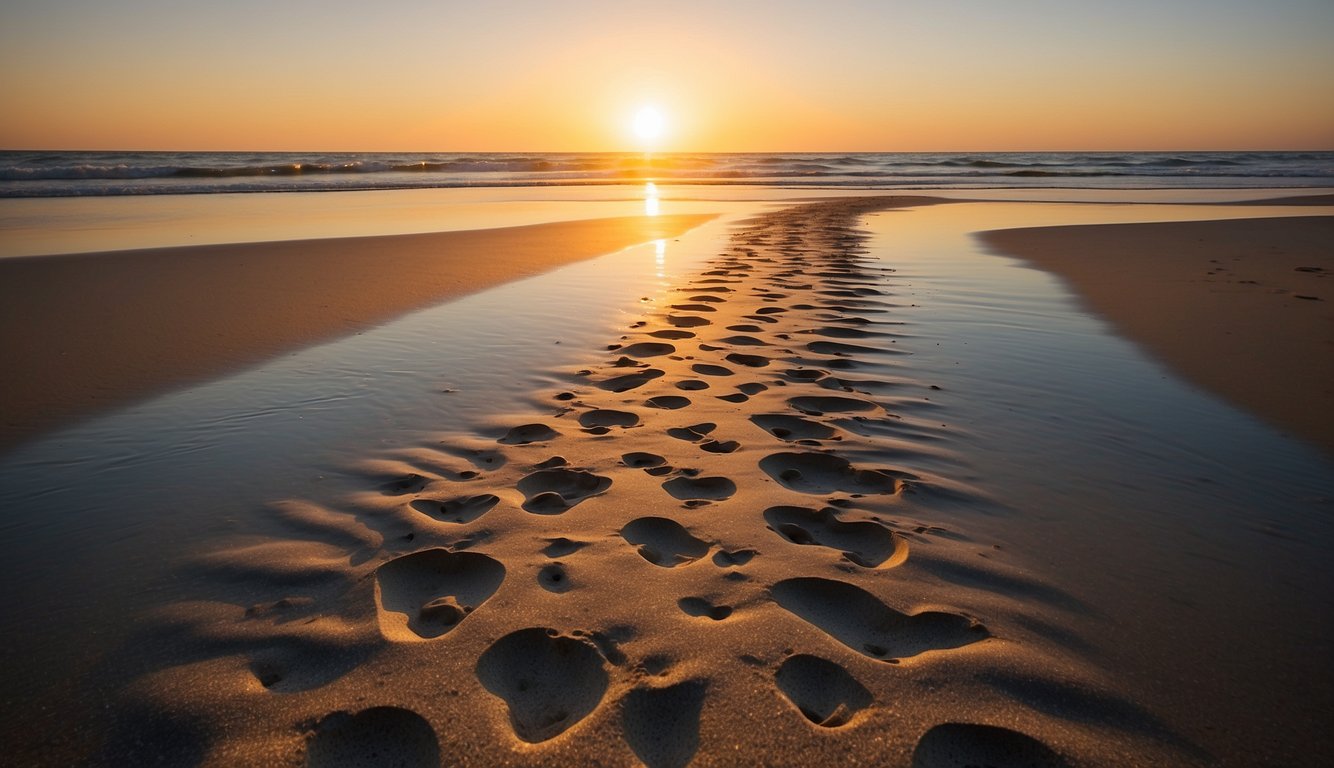 A vibrant sunset over a calm beach, with two sets of footprints leading towards the horizon, symbolizing hope and the journey towards finding love