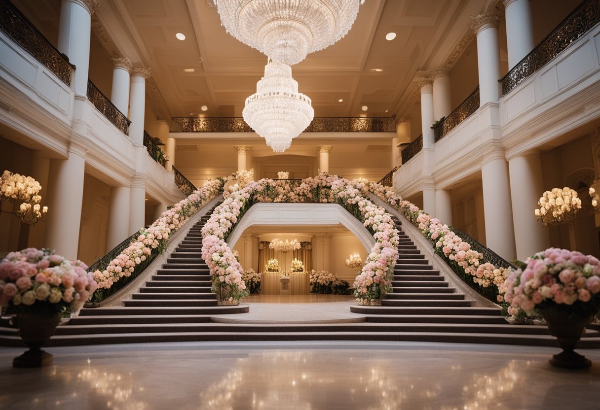 A grand staircase adorned with flowers and twinkling lights leads to a majestic ballroom filled with guests eagerly awaiting the arrival of the bride and groom
