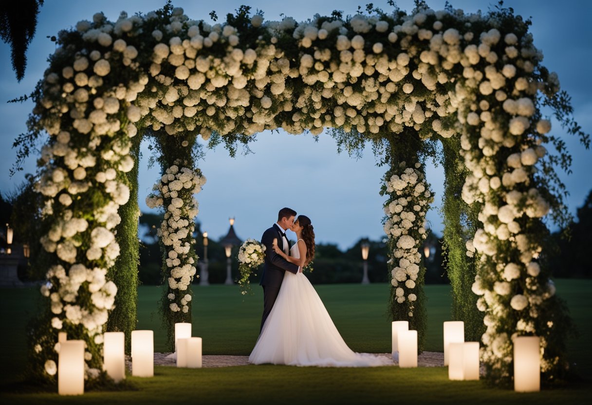 A grand archway adorned with flowers and twinkling lights, leading to a lush garden filled with guests and a path for the bride and groom to make their iconic entrance