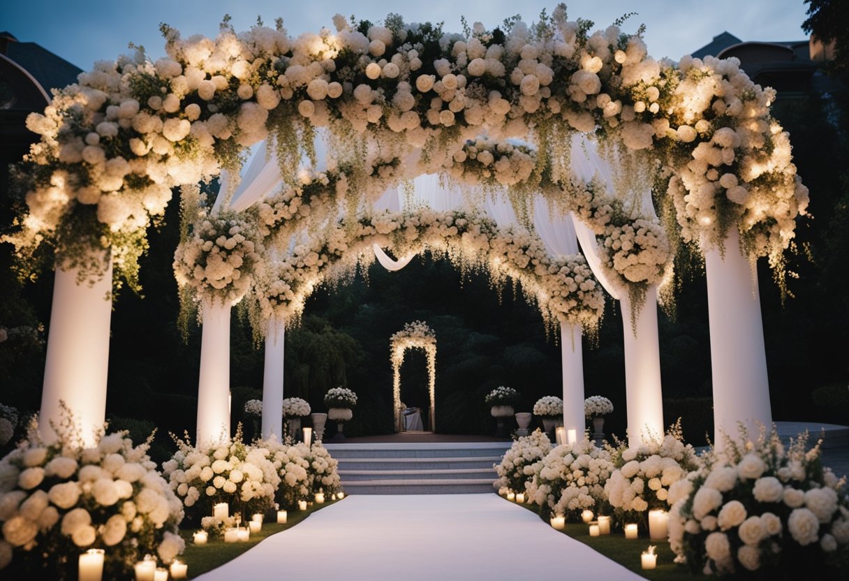 A grand, ornate archway adorned with flowers and twinkling lights welcomes guests to the most spectacular wedding entrance