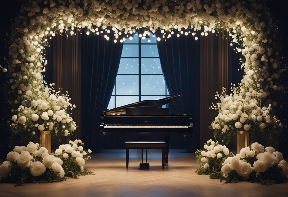 A grand archway adorned with flowers and twinkling lights, leading to a stage with a grand piano and a spotlight