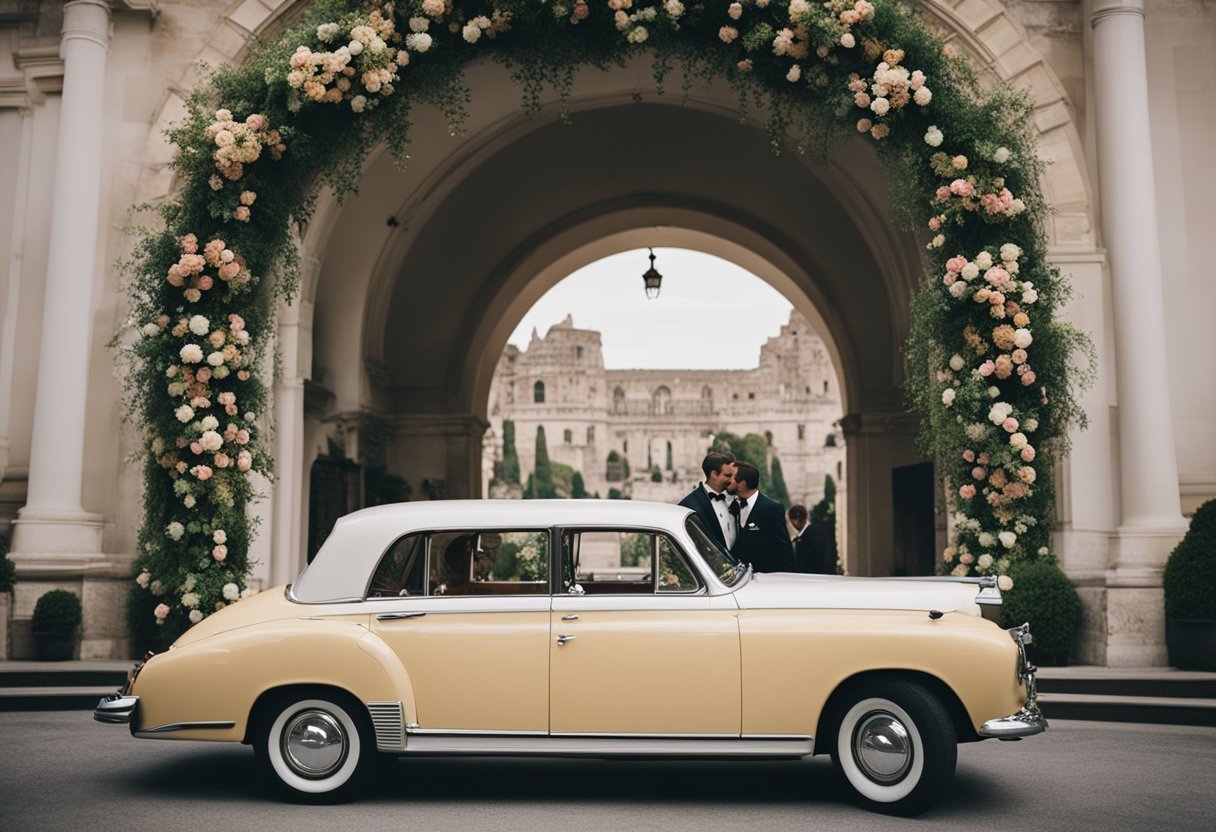 A vintage car adorned with flowers drives through a grand archway, leading to a picturesque wedding venue. Guests cheer as the newlyweds make their grand entrance