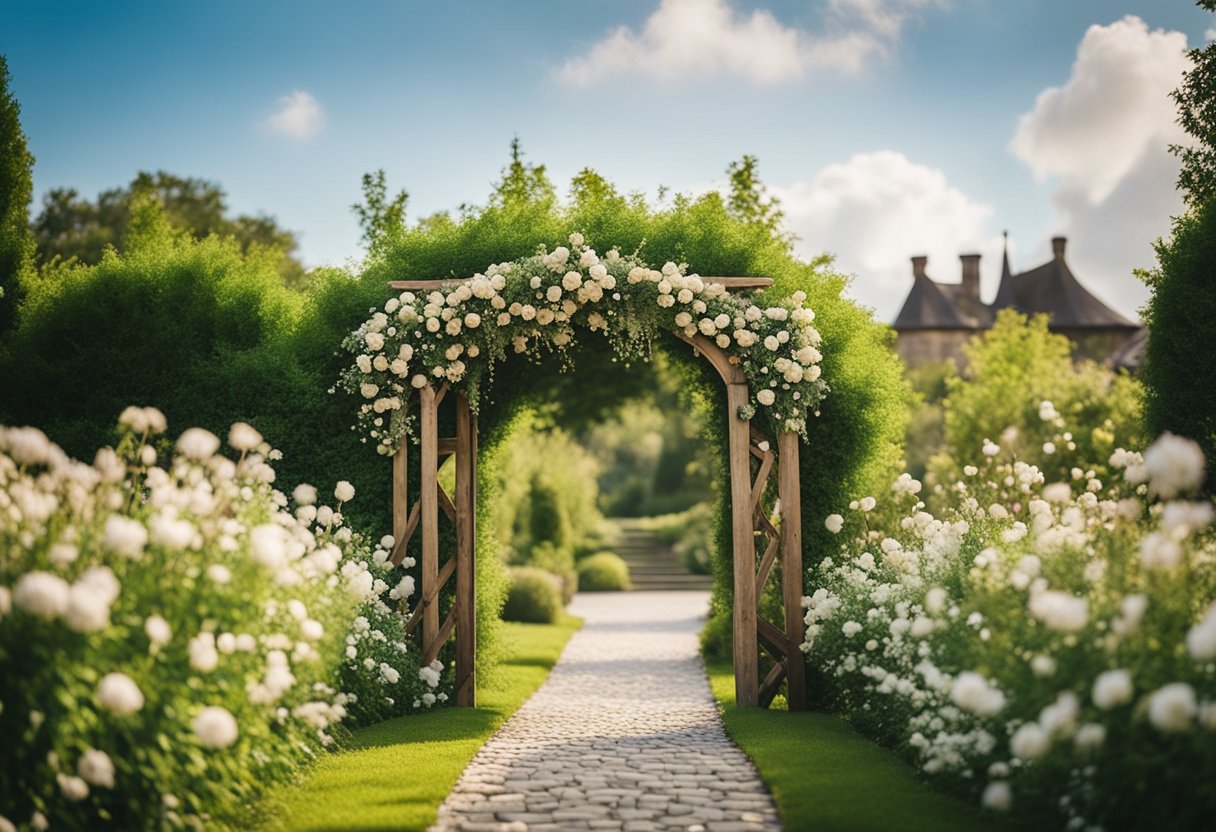 A lush garden path leads to a rustic wooden archway adorned with blooming flowers and greenery, creating a natural and enchanting entrance for a wedding ceremony