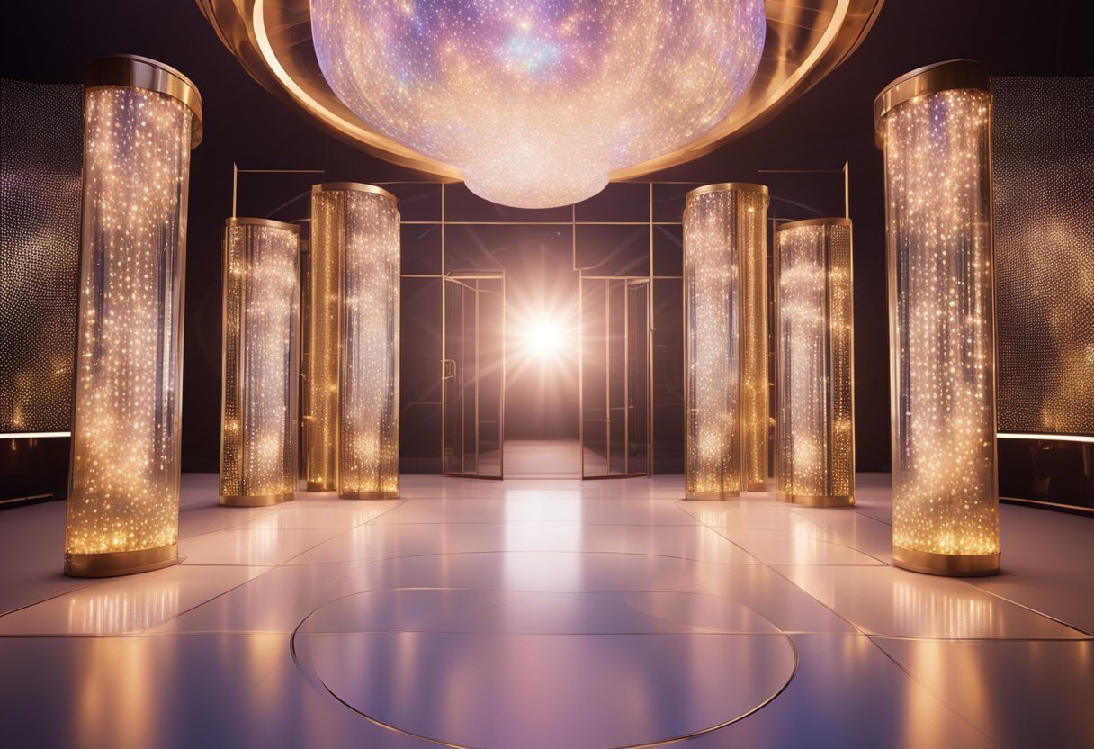 A grand, futuristic entrance with holographic projections and dazzling light effects, creating a mesmerizing and unforgettable wedding experience