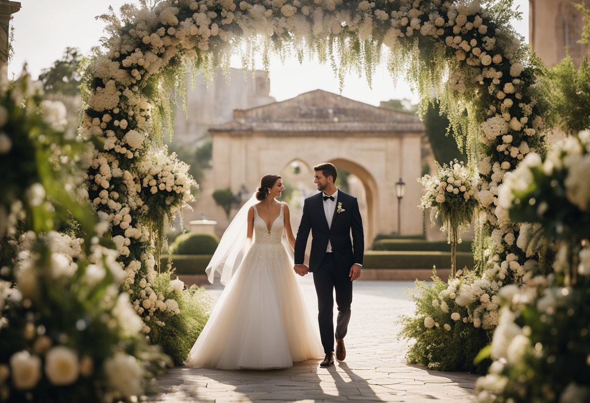 A couple walks through a simple yet elegant archway adorned with flowers and twinkling lights, creating a romantic and budget-friendly wedding entrance
