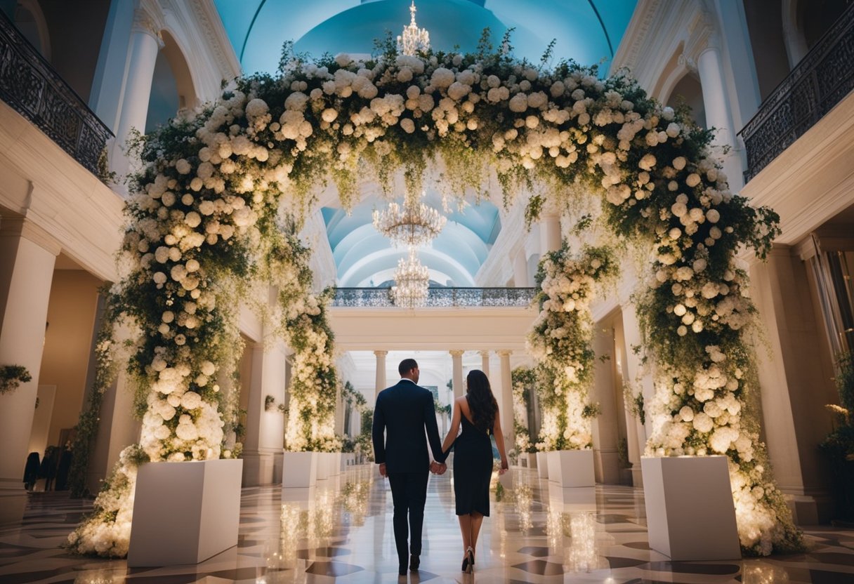 A grand archway adorned with flowers and twinkling lights, leading to a magnificent ballroom filled with guests, all eyes on the couple's stunning entrance