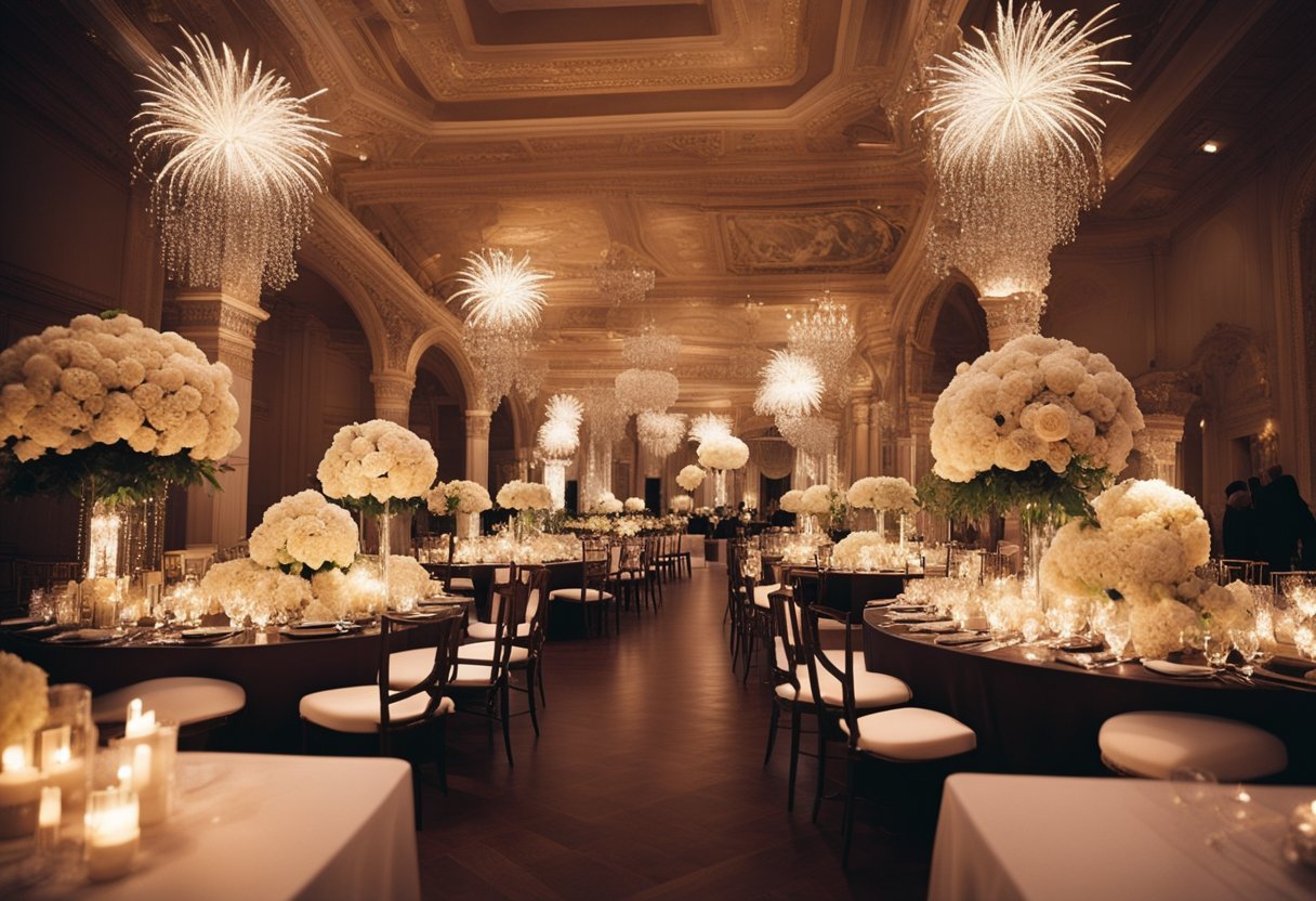 Celebrity wedding trends: extravagant floral arches, opulent chandeliers, and lavish dessert tables. Shock events: surprise performances, fireworks, and celebrity guest appearances