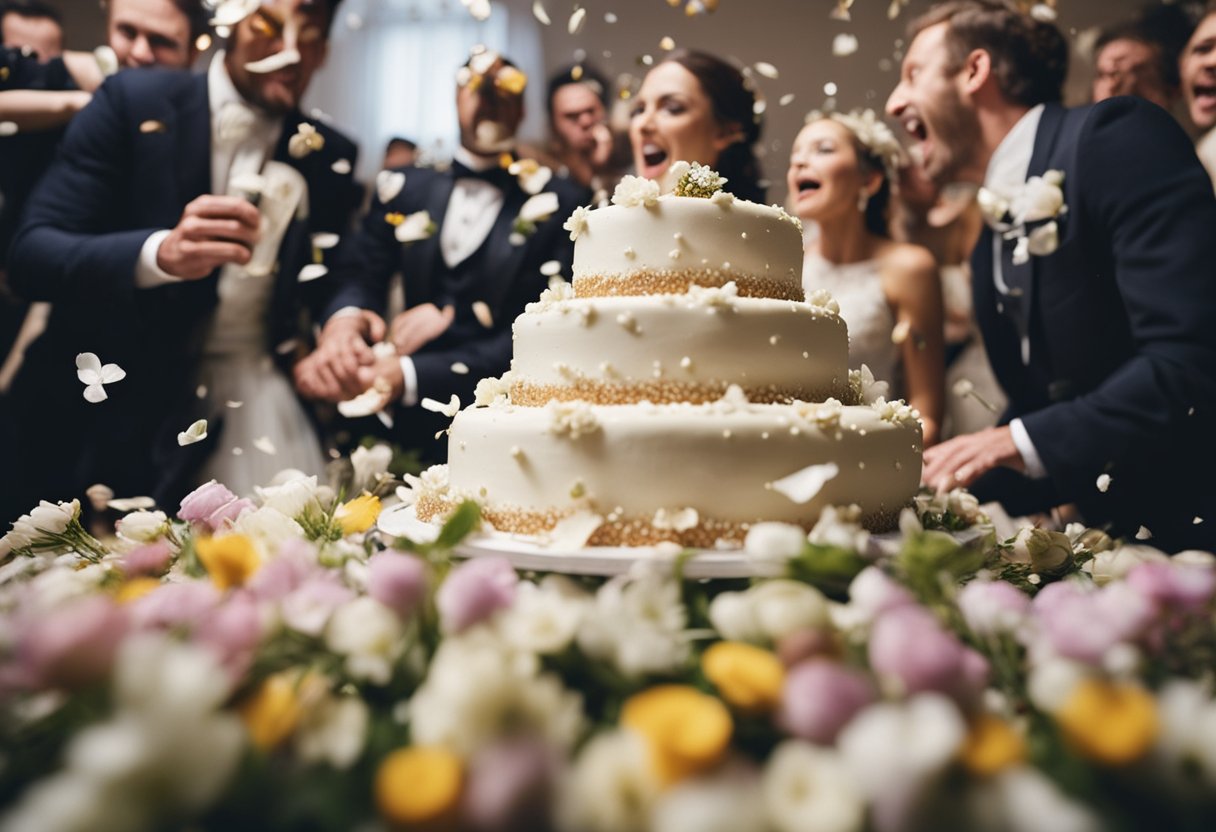 Celebrity wedding chaos: cake toppled, flowers scattered, paparazzi swarming. Bride in disarray, groom in shock. A scene of mishaps and mayhem