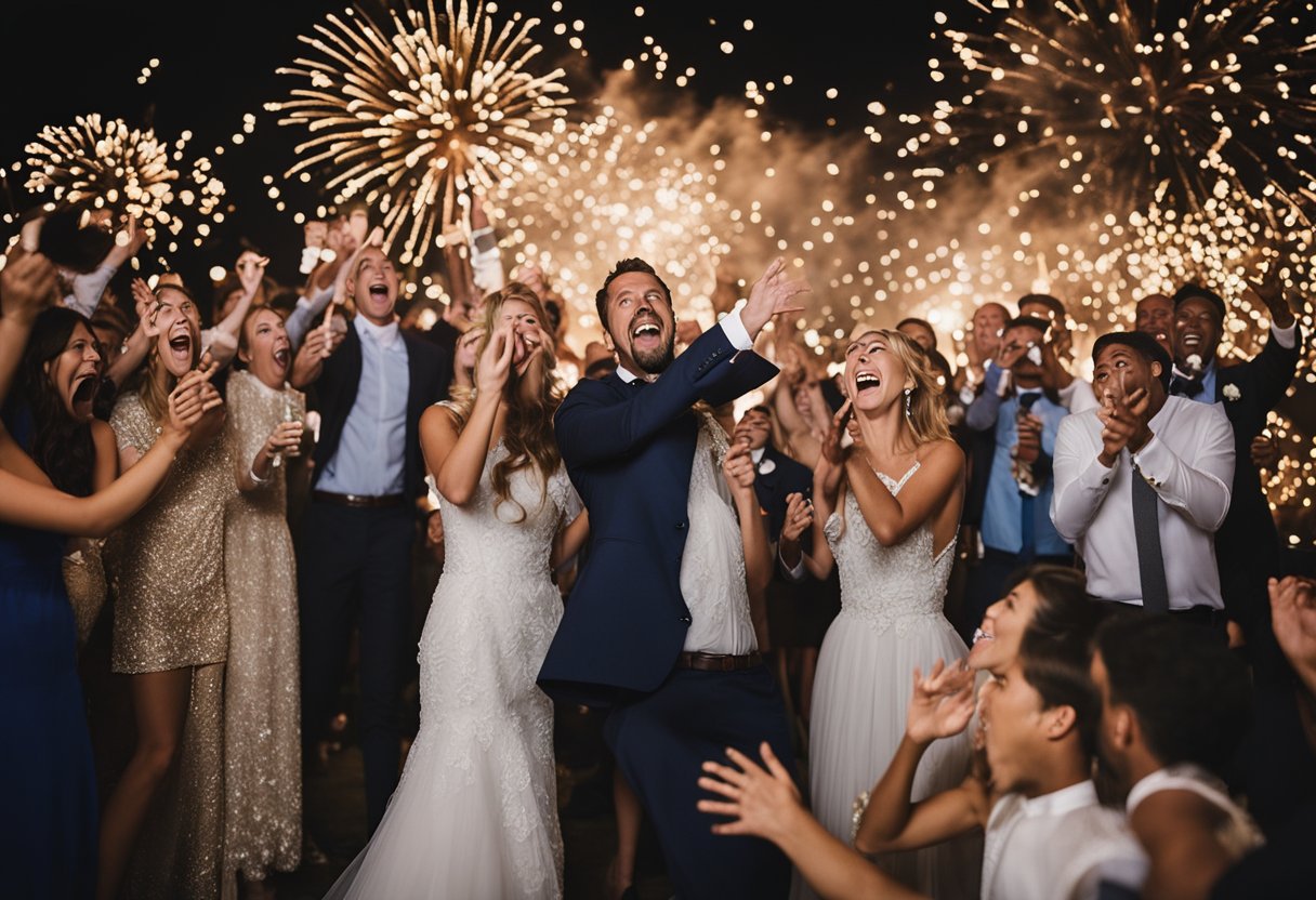 Guests gasp as fireworks explode overhead, surprising the newlyweds. Paparazzi scramble to capture the unexpected spectacle at the celebrity wedding
