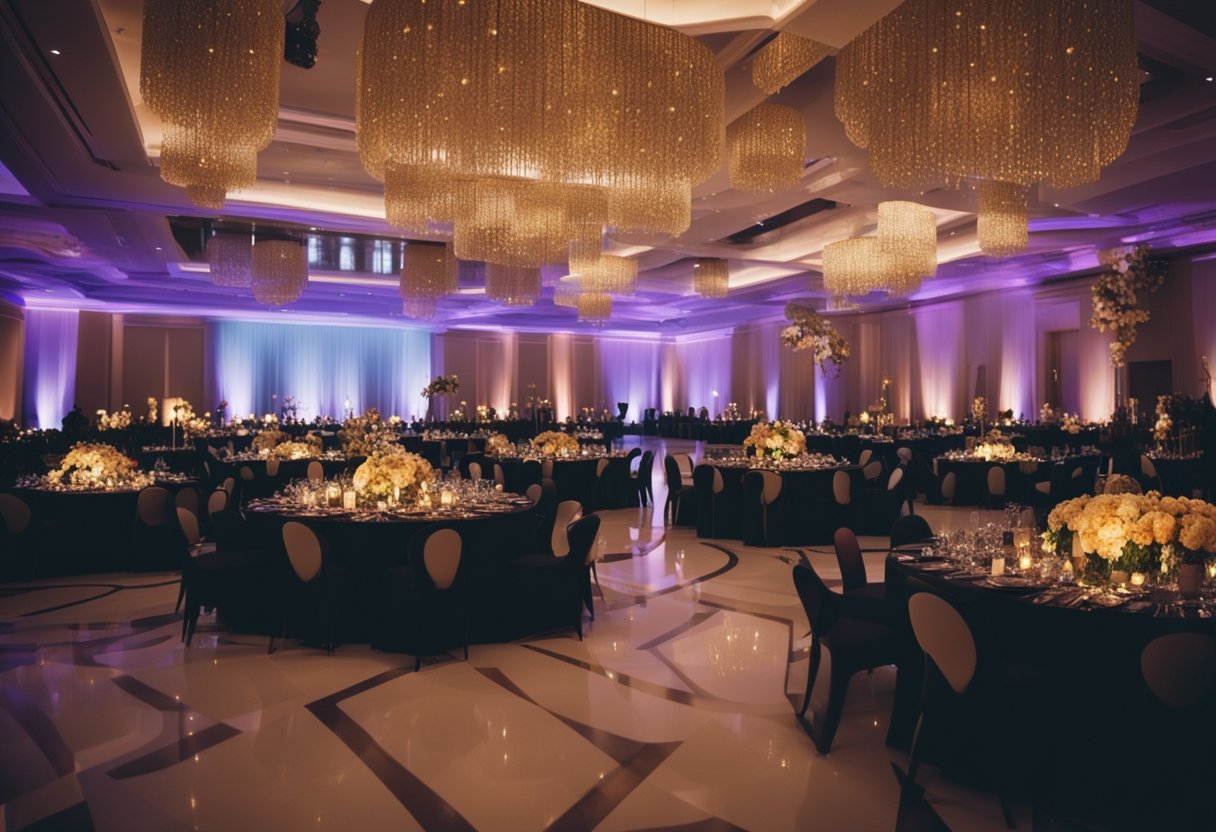 A glamorous wedding reception filled with celebrities and activists, with vibrant decorations and a lively atmosphere