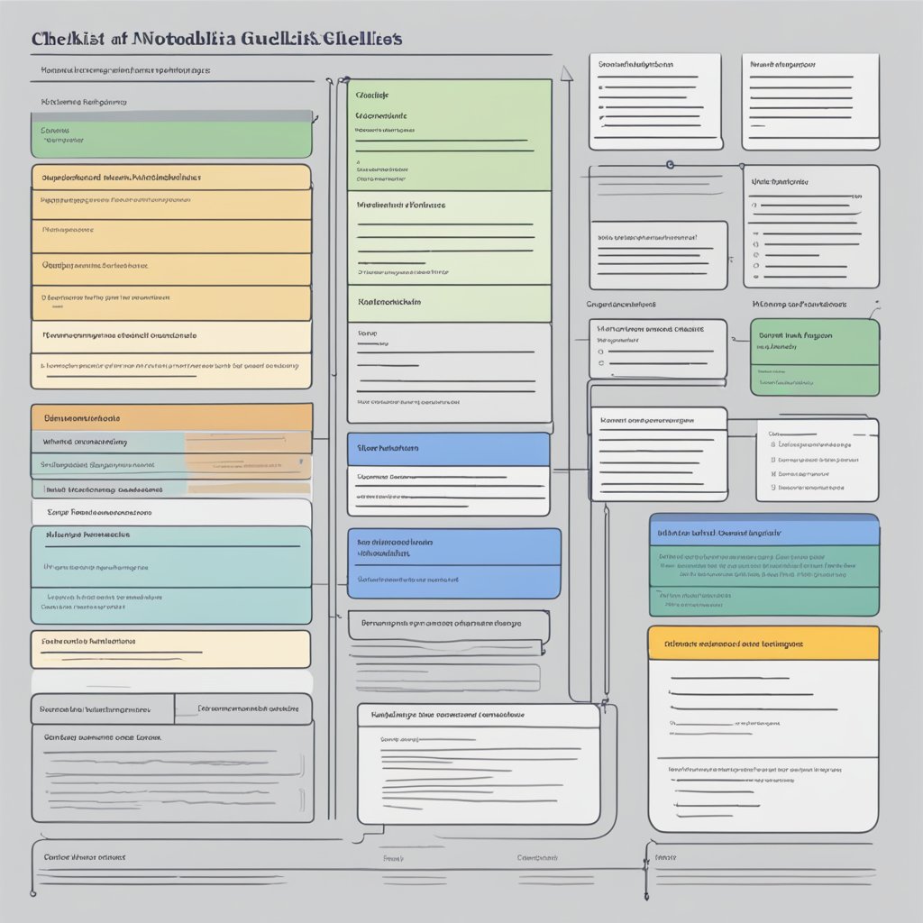 A checklist with "Wikipedia notability guidelines" at the top, surrounded by relevant criteria and requirements