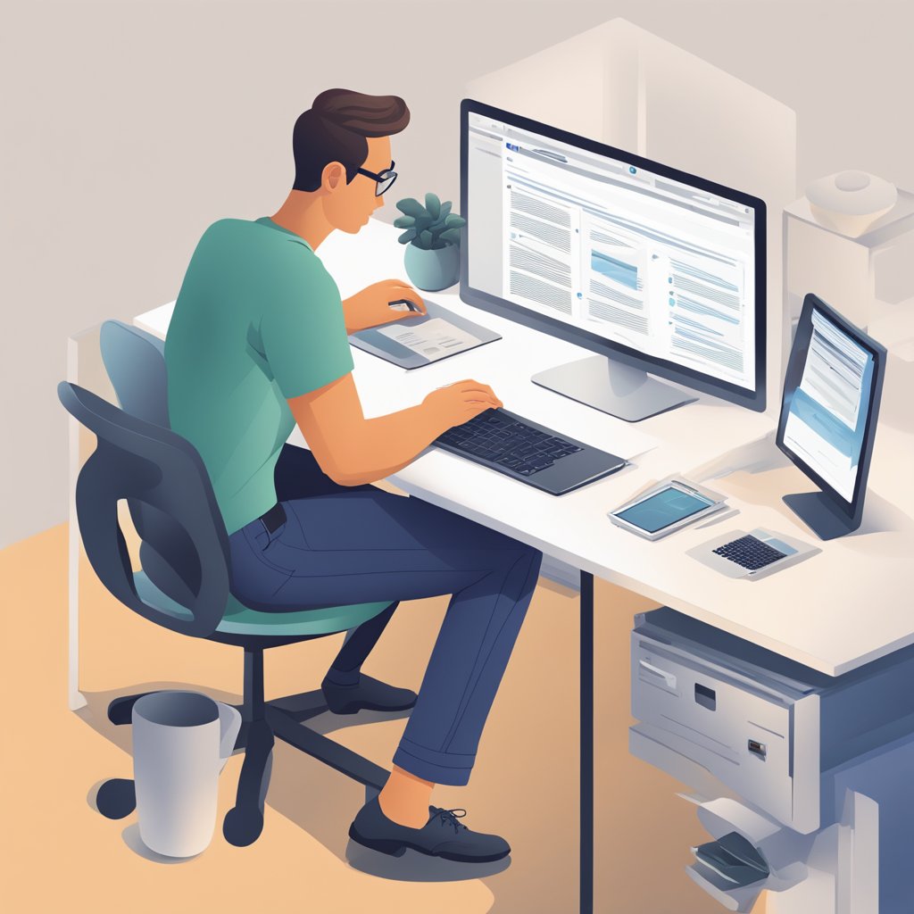 A person at a computer, editing a Wikipedia page with multiple tabs open, referencing sources and making detailed changes