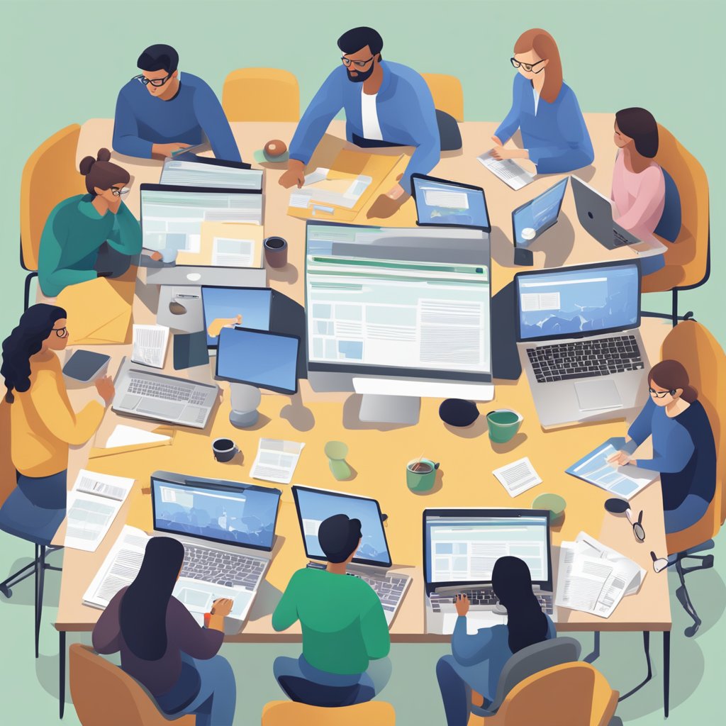 Multiple users editing Wikipedia together, each contributing to the article. Laptops and tablets on a table, with a collaborative and focused atmosphere