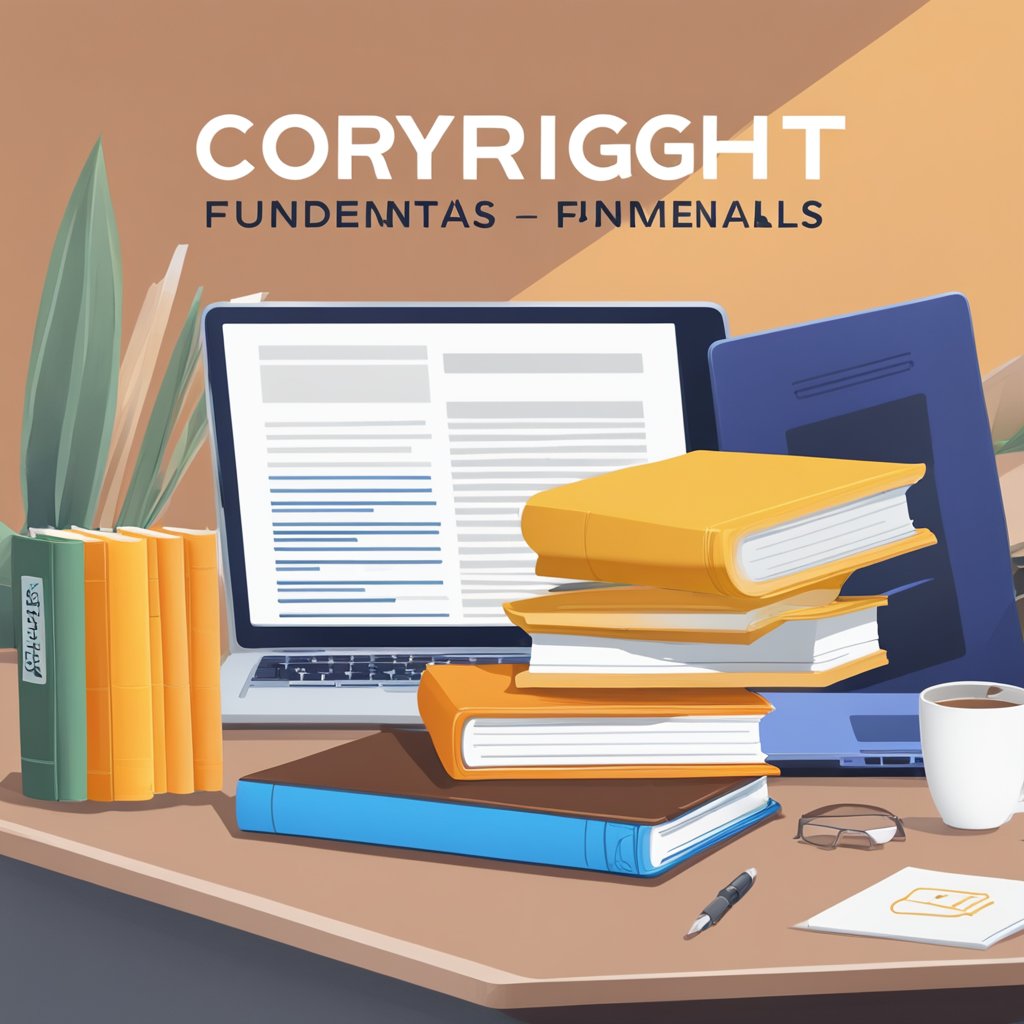 A stack of books with the title "Copyright Fundamentals" on top, surrounded by open laptops and legal documents