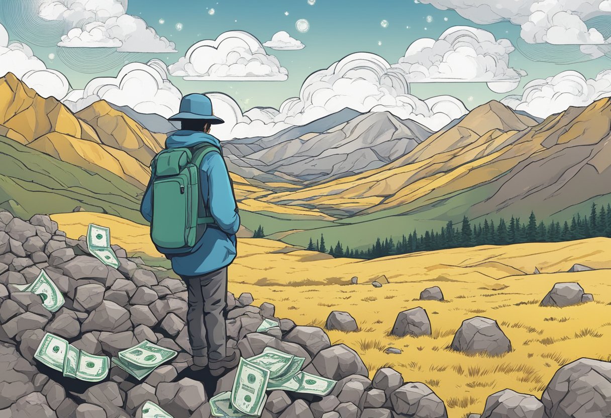 A figure in a Colorado landscape, surrounded by digital currency symbols, with a speech bubble saying "The Lord told us to."