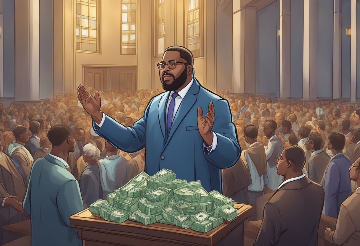 The pastor stands in front of a congregation, holding a large sum of money while claiming divine guidance for the alleged crypto scheme