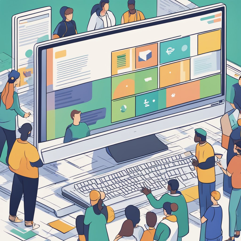 A computer screen displaying Wikipedia articles, surrounded by people sharing and discussing the content online