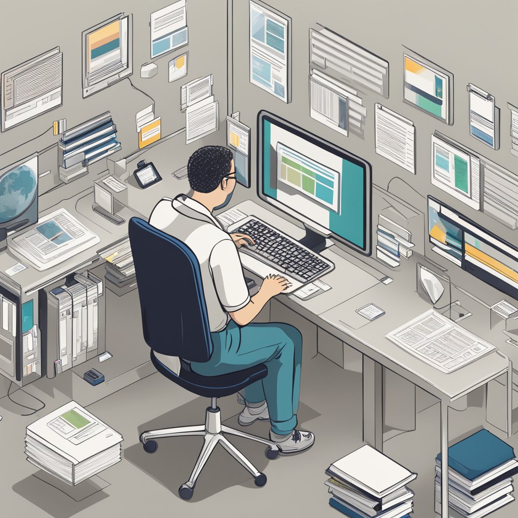 A person typing on a computer, surrounded by open tabs and research materials, with a Wikipedia logo on the screen