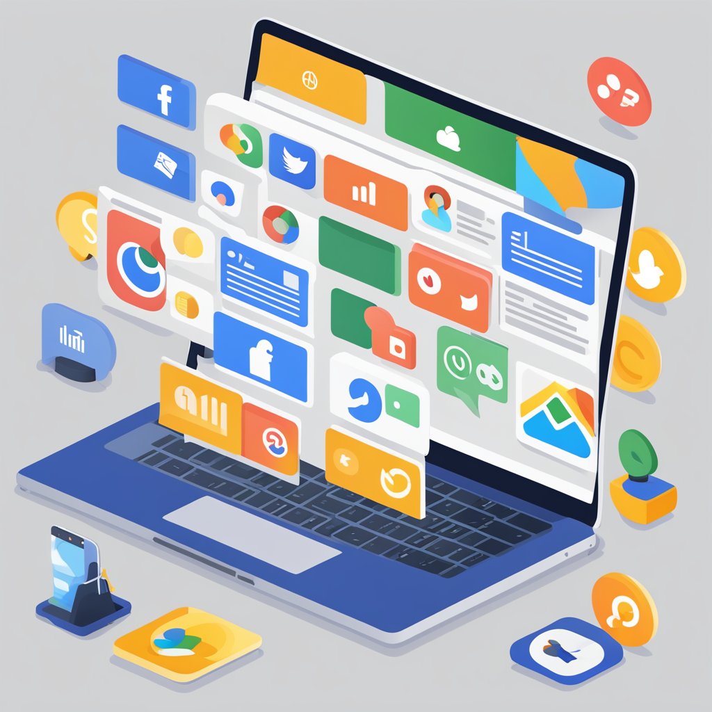 A laptop displaying Wikipedia pages, surrounded by social media icons and a search engine bar