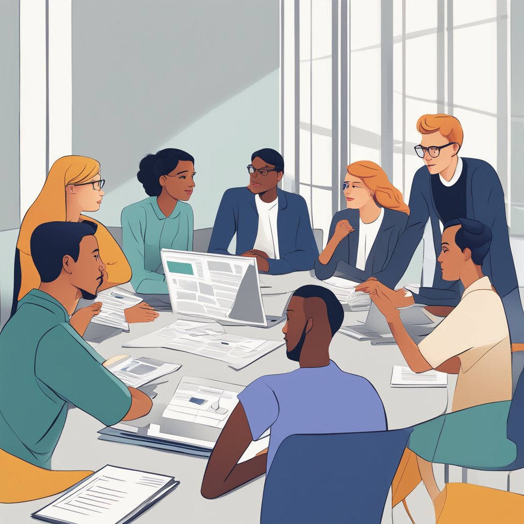 A group of people discussing and debating guidelines for resolving disputes on Wikipedia, with a focus on community input and collaboration