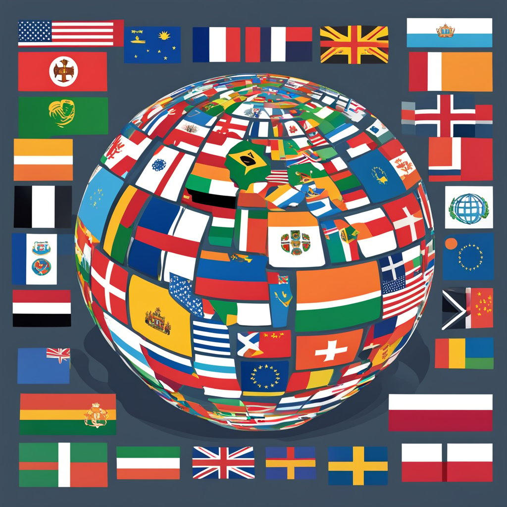 A globe with localized Wikipedia logos in different languages, surrounded by flags representing various countries