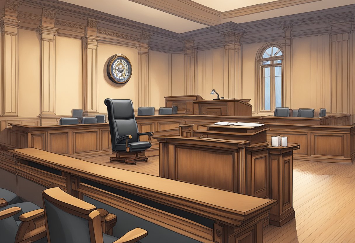 Sam Bankman-Fried's courtroom, empty of jury, with judge's gavel on desk