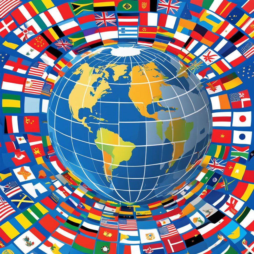 A globe with Wikipedia logo surrounded by flags from different countries