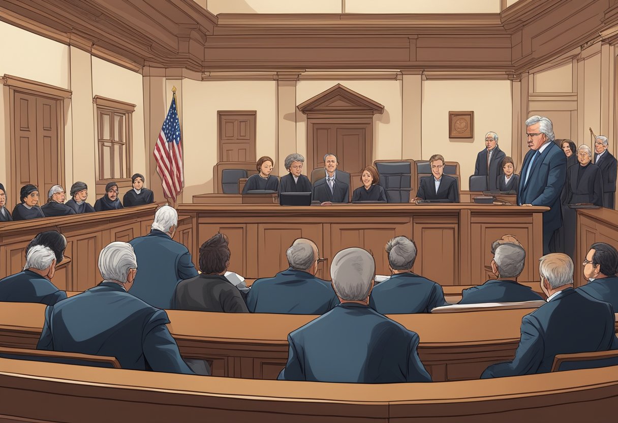A courtroom scene with a judge, jury, and lawyers. The atmosphere is tense as the verdict is read and emotions run high