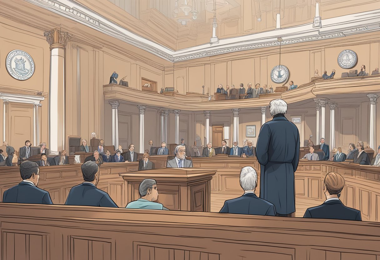 A courtroom with a judge, lawyers, and spectators. A headline reads "Convicted 'Crypto King' will not face second trial" above the scene