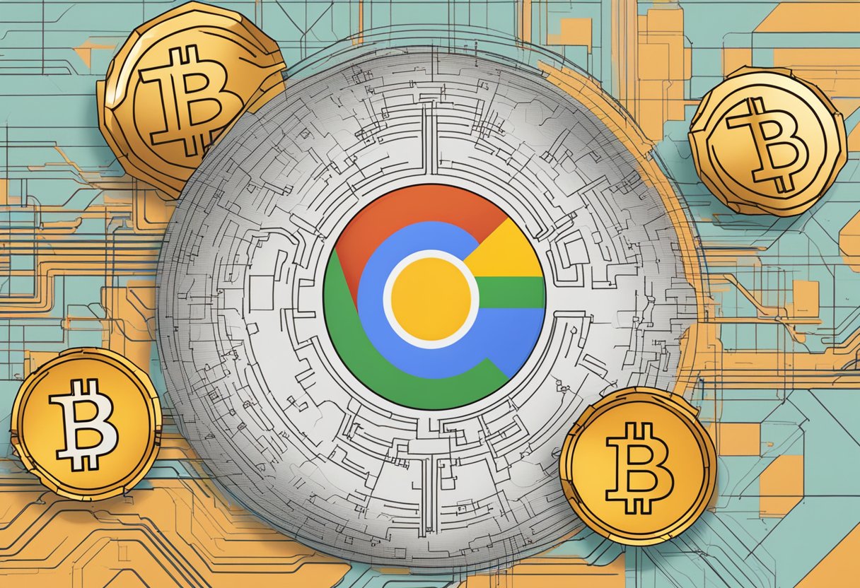 Google's logo with "Crypto Ads" text, Bitcoin symbol, and ETF chart