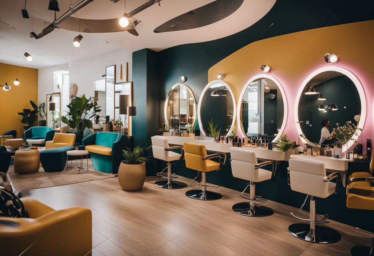 A vibrant beauty salon with diverse clients and successful entrepreneurs networking and sharing tips. Vibrant colors and modern decor create an energetic atmosphere