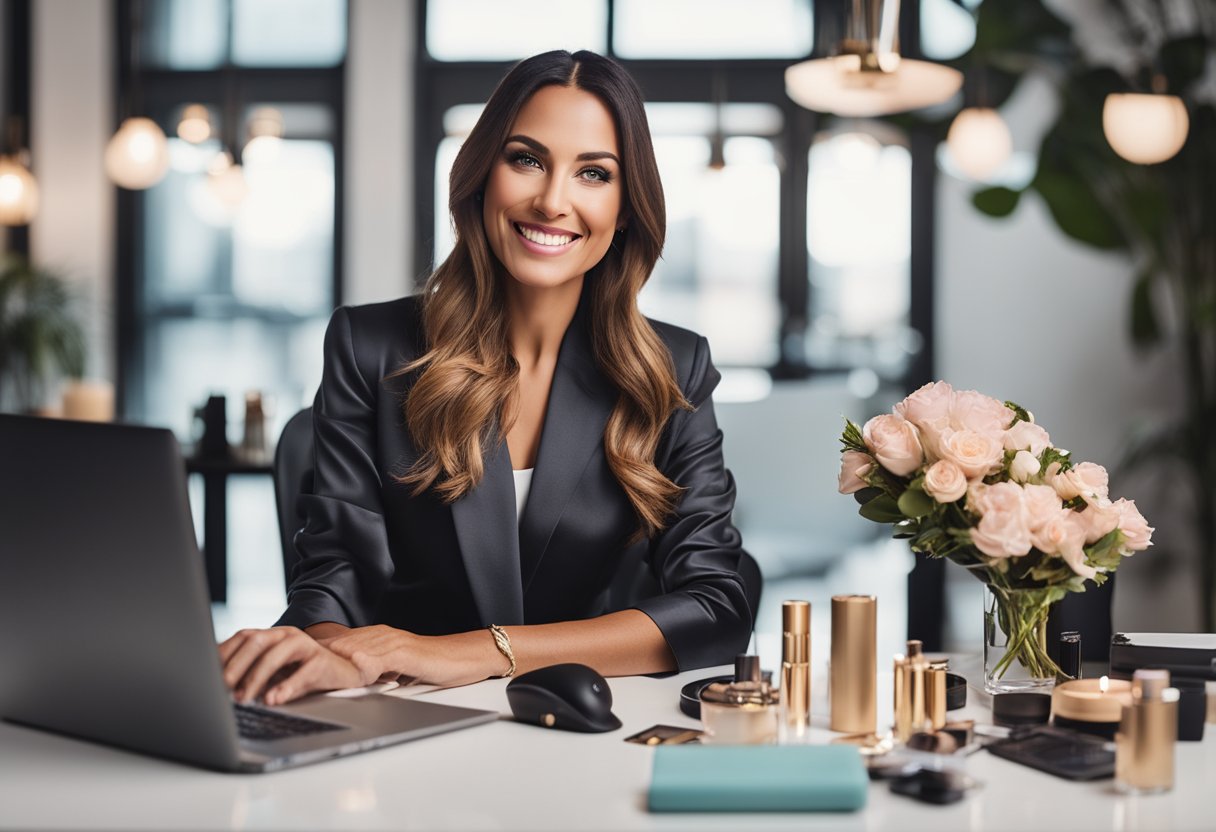 A beauty entrepreneur at 40+ celebrates success with a beauty brand, surrounded by products, a laptop, and a vision board