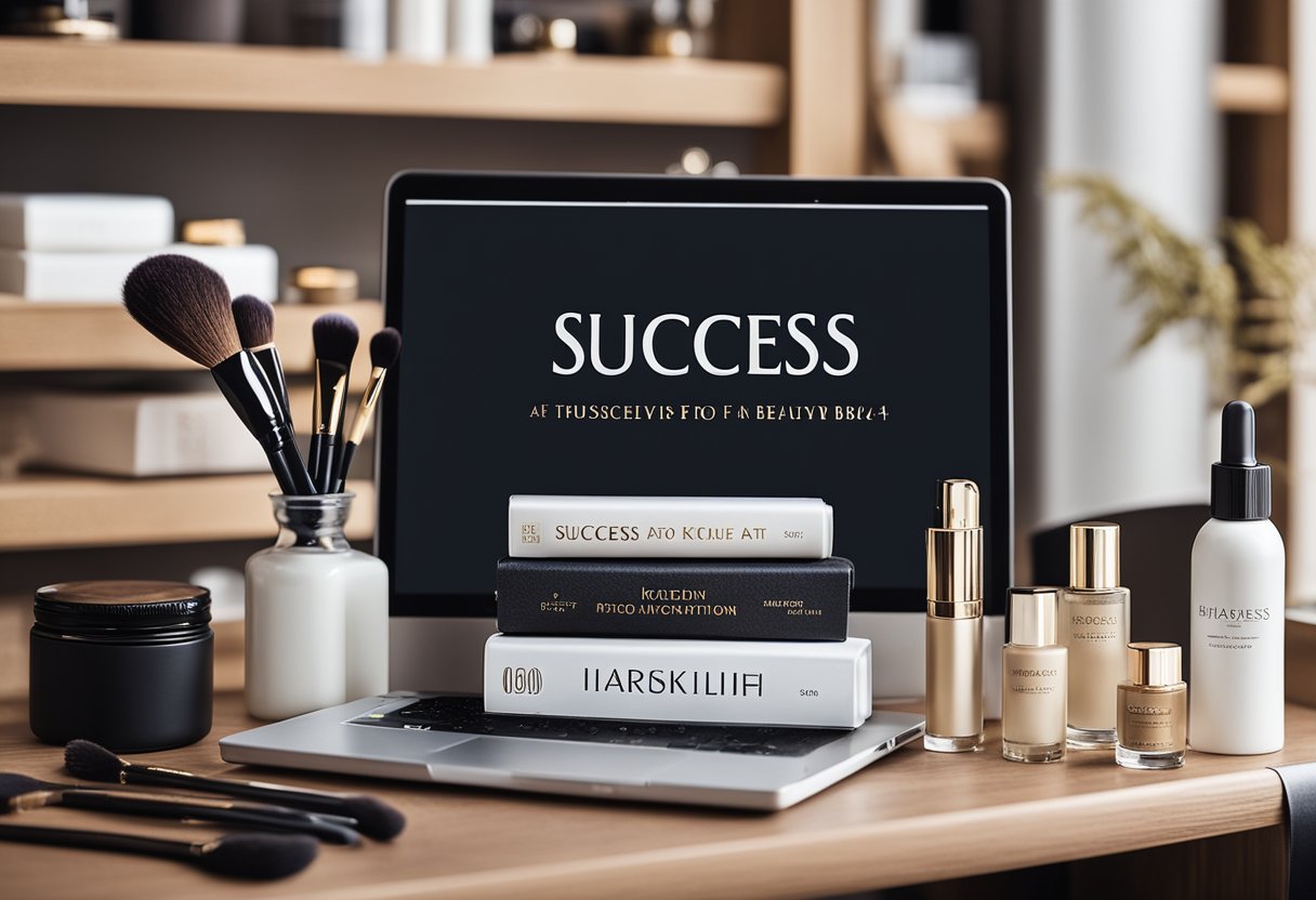 A stack of beauty books and a laptop on a desk, surrounded by skincare products and makeup brushes. A banner with "Success at 40+" hangs on the wall