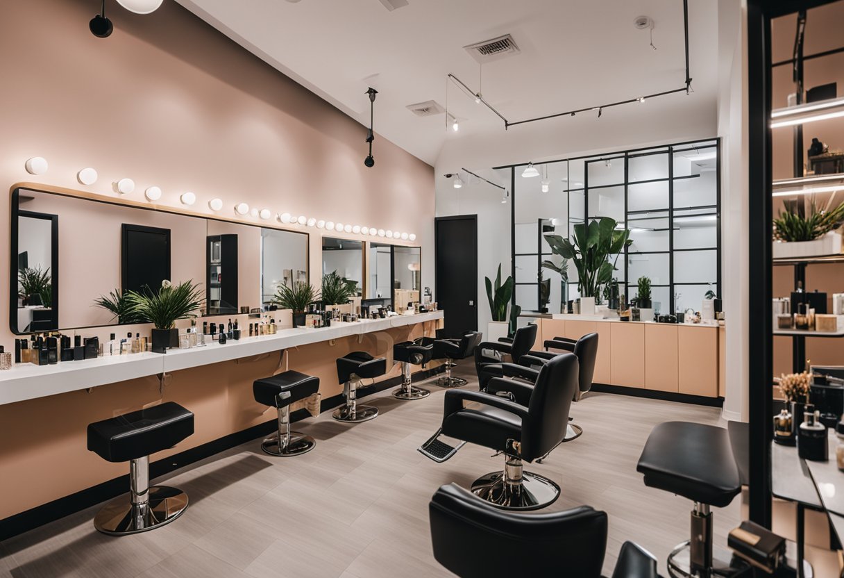 A vibrant beauty salon with modern decor, digital marketing materials, and a diverse range of beauty products on display