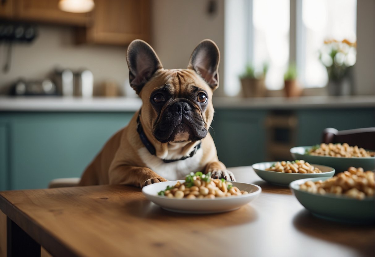 A French bulldog eagerly awaits its meal, tail wagging and eyes fixed on the food bowl. The room is filled with anticipation as the best time to feed the dog has arrived