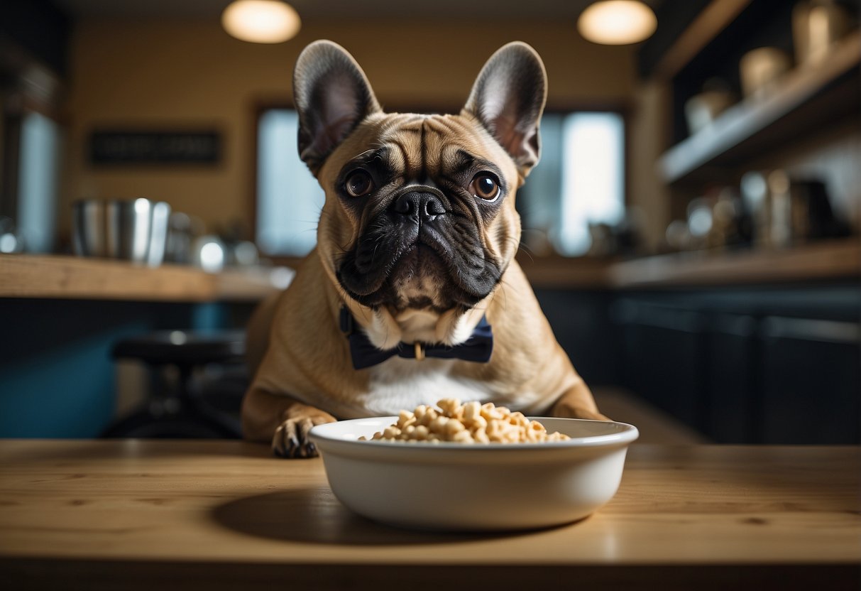 A French Bulldog eagerly waits by a full food bowl, with a clock on the wall showing the best time to feed