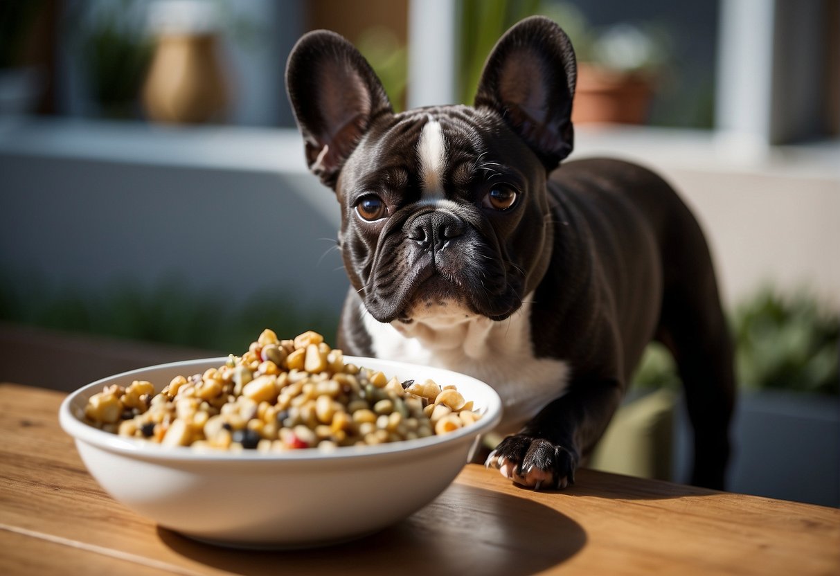 A French Bulldog eagerly awaits its meal, sitting in front of a full food bowl