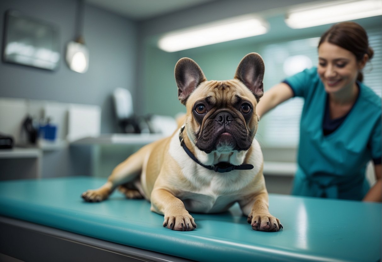 A French bulldog lying on a vet's examination table, with a friendly veterinarian preparing for a neutering procedure